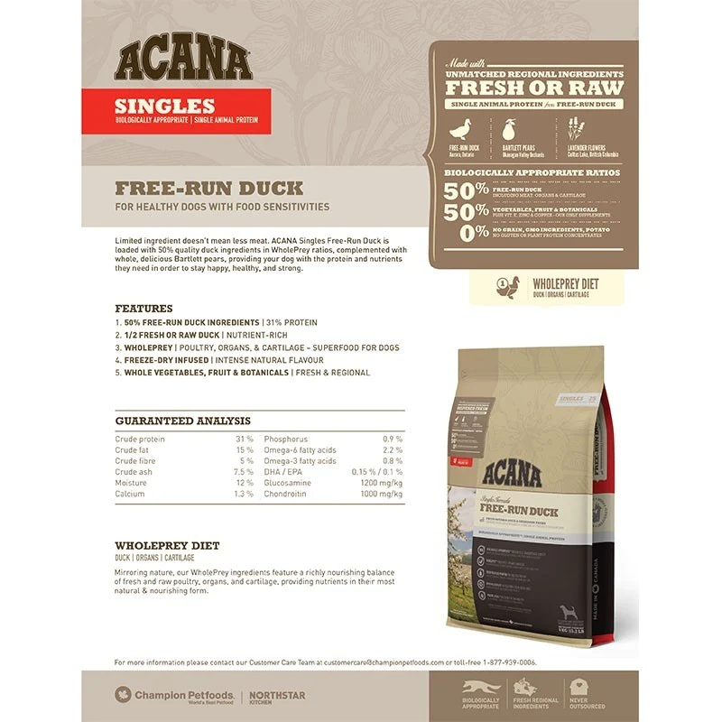 Acana Dog Dry Food Singles Free-Run Duck Recipe 2kg