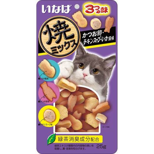 Ciao Soft Bits Tuna & Chicken Fillet Dried Bonito Chicken Soup & Squid Flavor 25g (3 Packs)